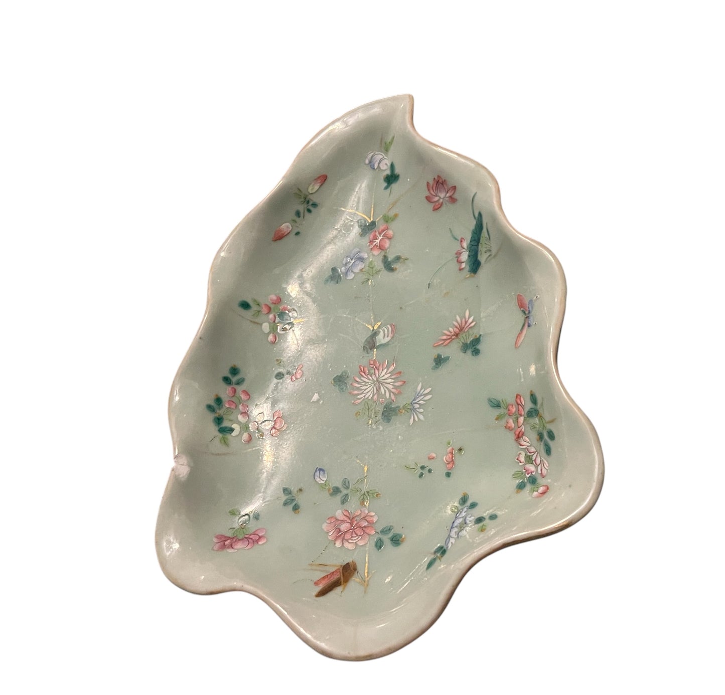 19th C Famille Rose Celadon Chinese Porcelain Leaf-shaped Dish