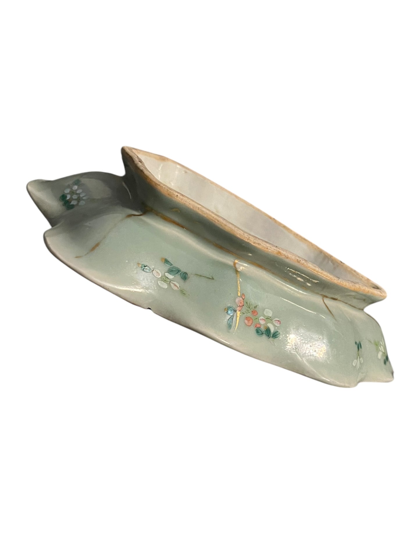 19th C Famille Rose Celadon Chinese Porcelain Leaf-shaped Dish