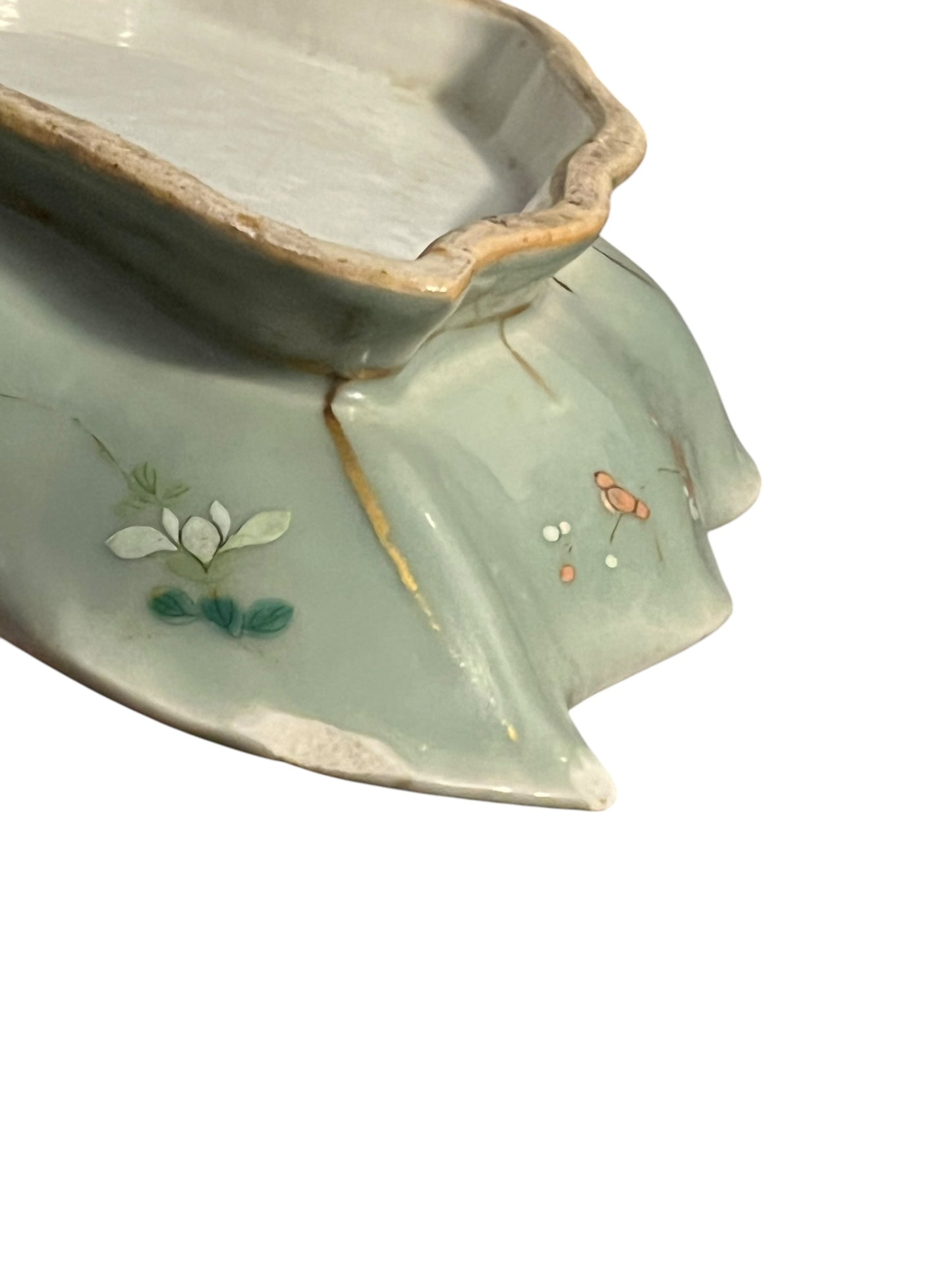 19th C Famille Rose Celadon Chinese Porcelain Leaf-shaped Dish