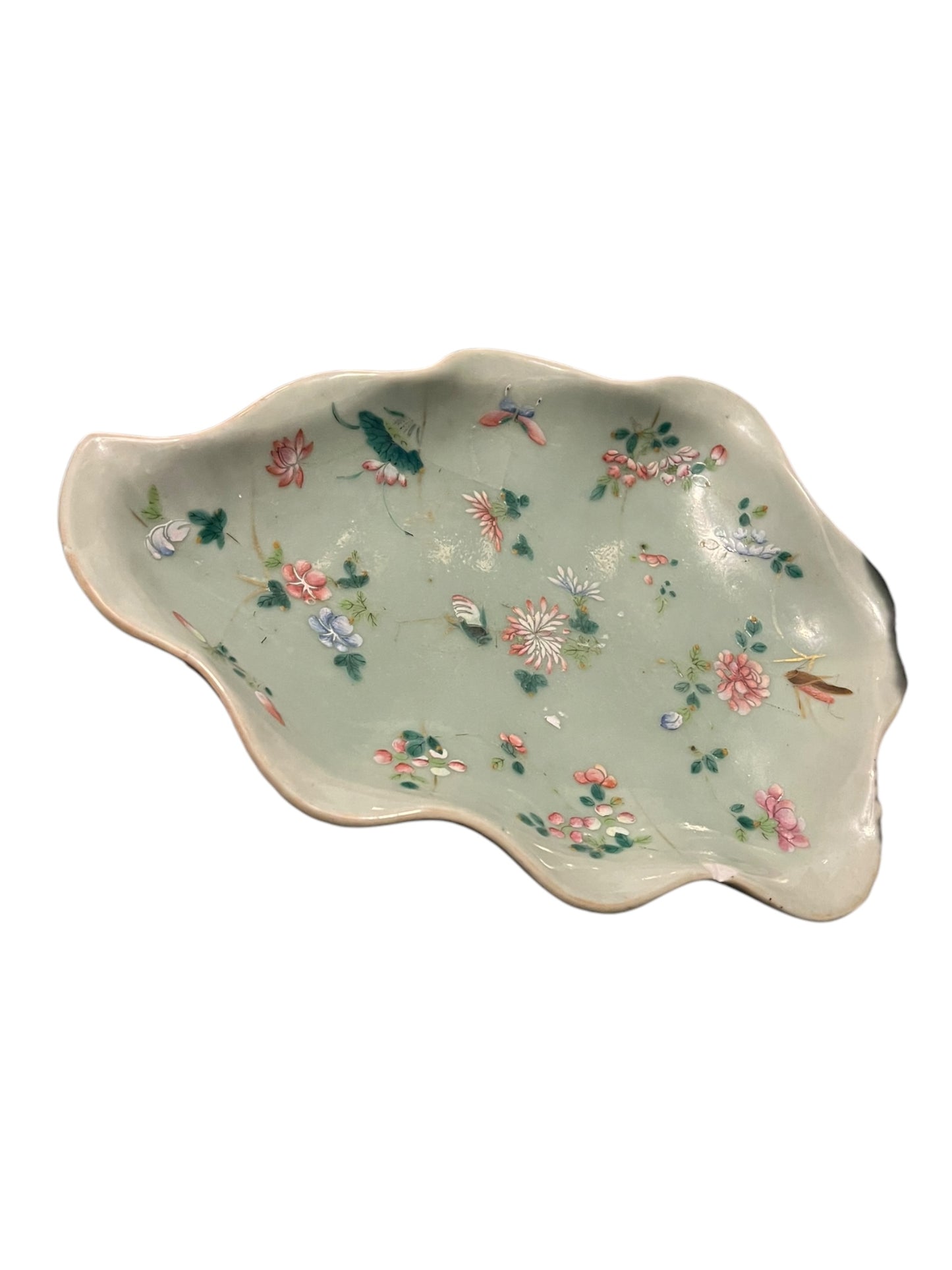 19th C Famille Rose Celadon Chinese Porcelain Leaf-shaped Dish